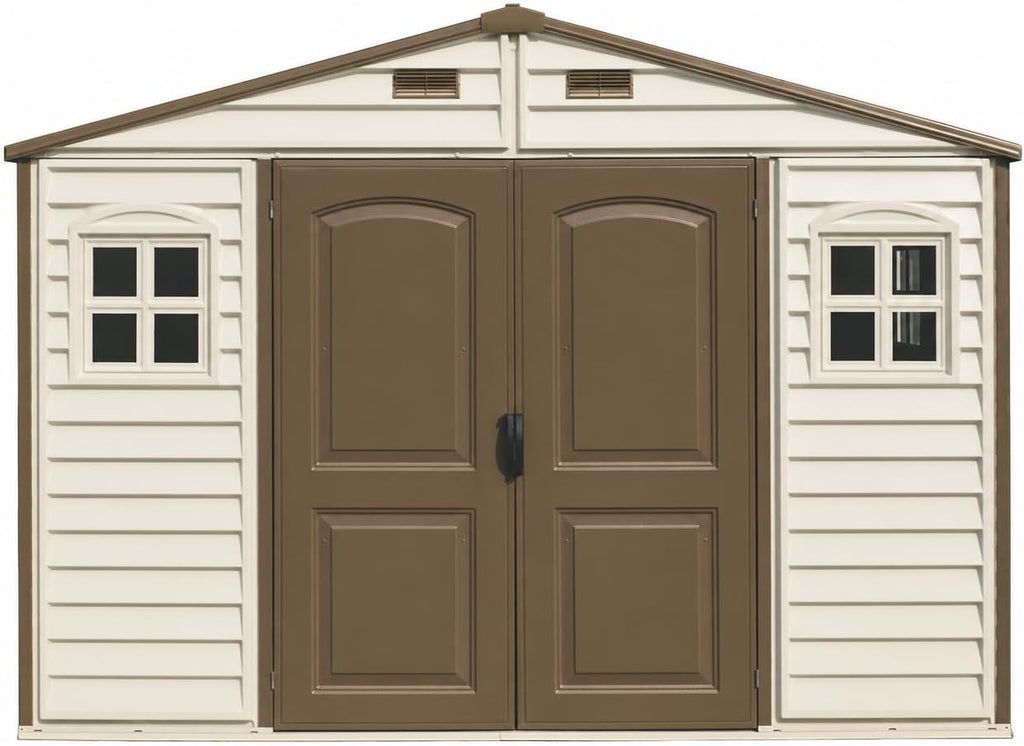 10 x 8 ft Outdoor Plastic Garden Storage Shed with Double Doors, Windows & Metal Foundation Kit