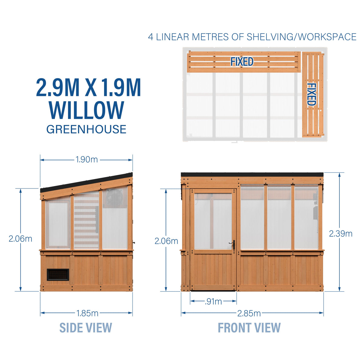 2.9m x 1.9m (9ft x 6ft) Willow Greenhouse